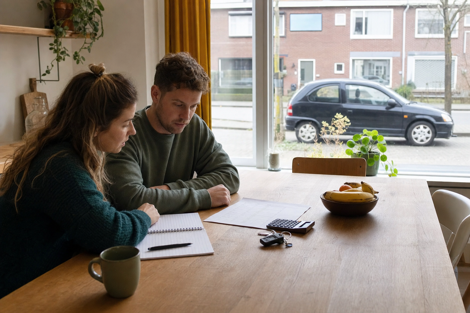 Twee mensen rekenen aan een autobudget aan een houten tafel met een compacte auto voor het raam
