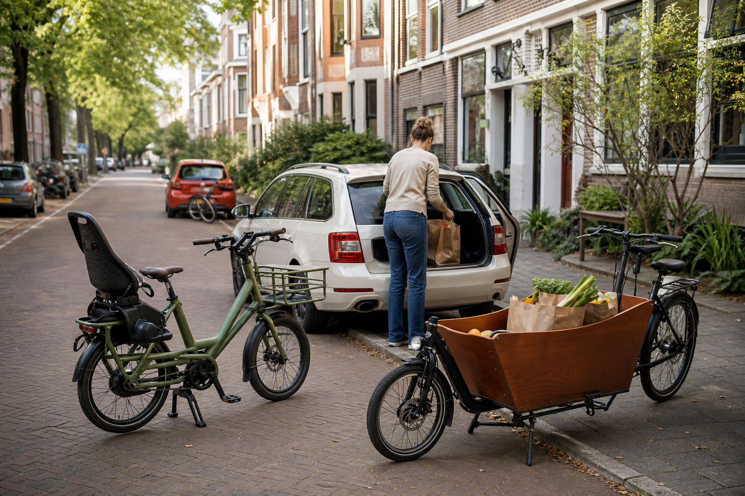 Longtailfiets, houten bakfiets en compacte auto met boodschappen in een Nederlandse woonstraat