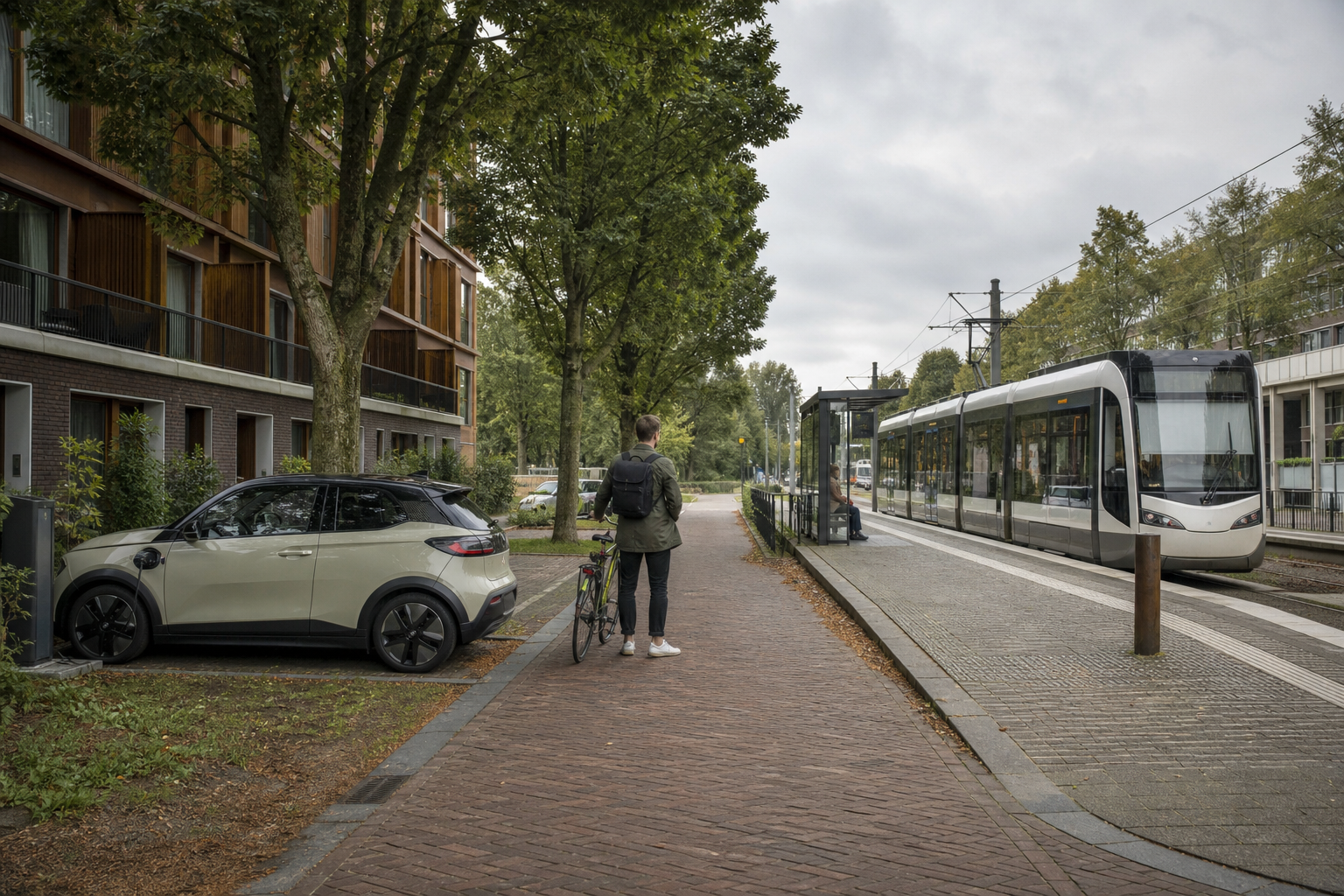 Reiziger met fiets tussen een elektrische auto en een tramhalte in een Nederlandse straat