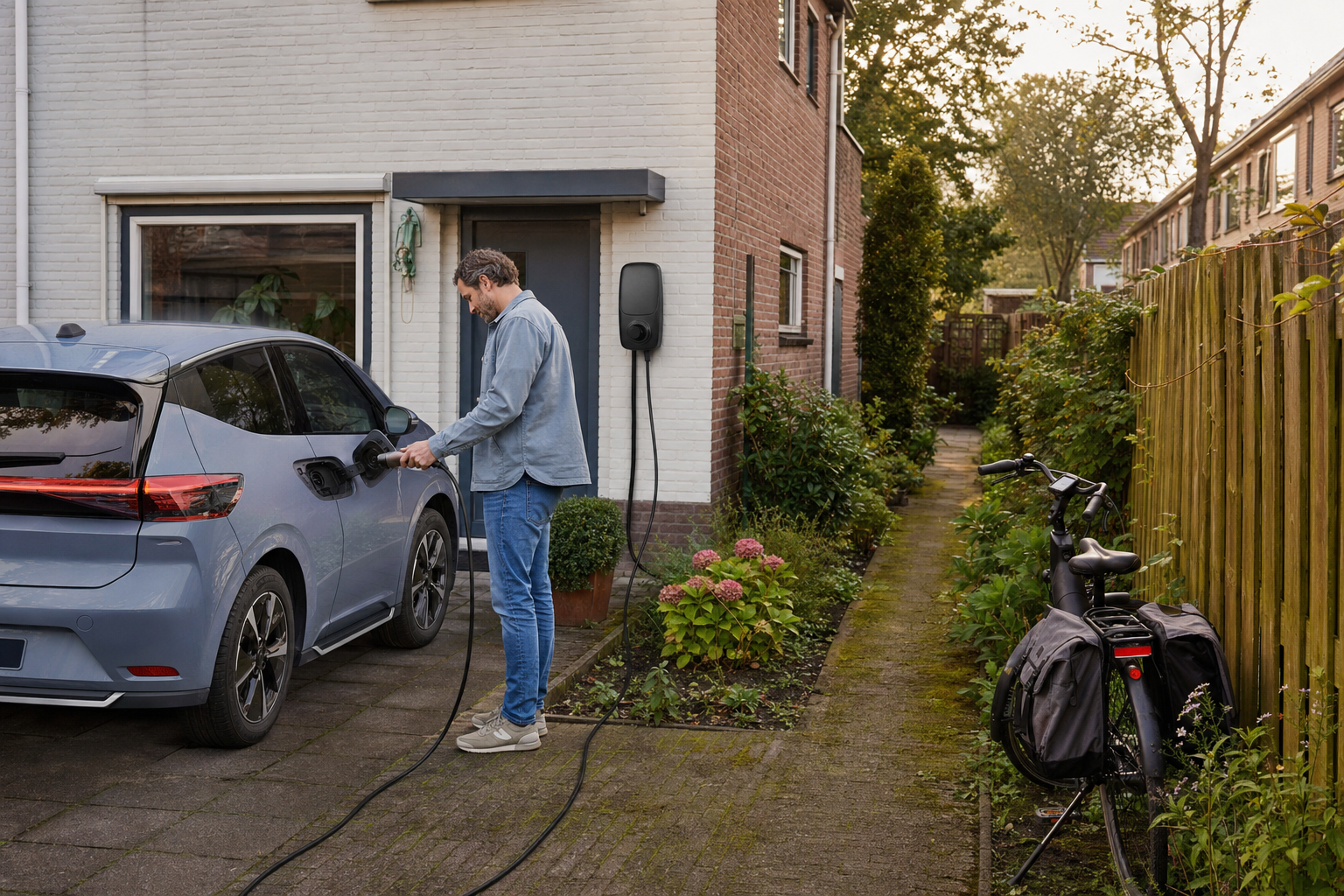 Man sluit een compacte elektrische auto aan op een thuislaadpunt naast een fiets met fietstassen