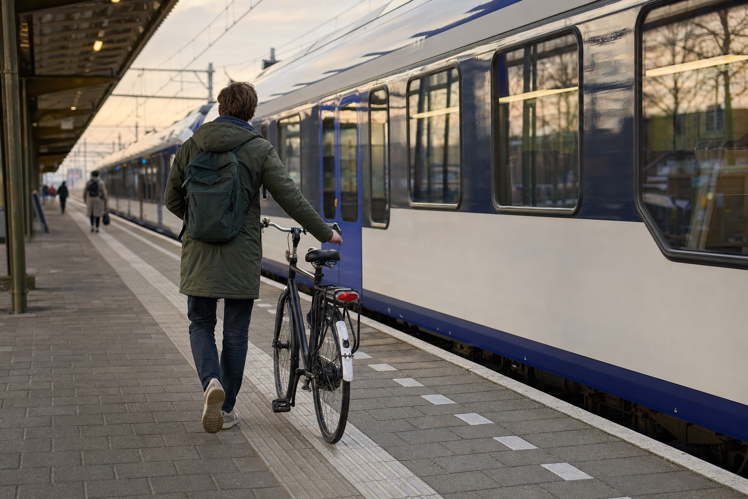 Forens loopt met een stadsfiets over een perron naast een regionale trein
